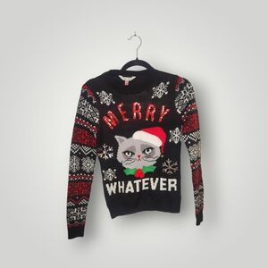 No Boundaries Merry Whatever Cat Christmas Sweater ugly sweater size Xs